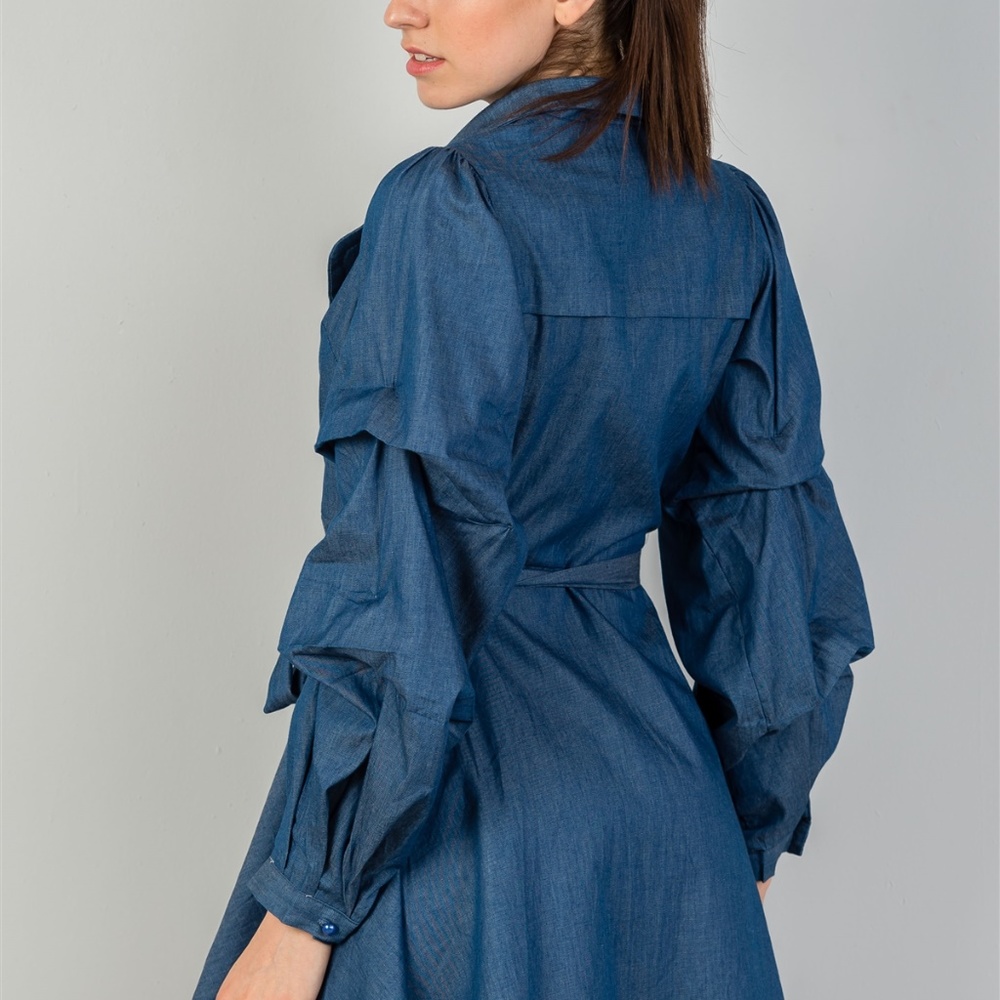 Denim Tiered Sleeve Self Tie Waist Dress - Picture 4 of 5